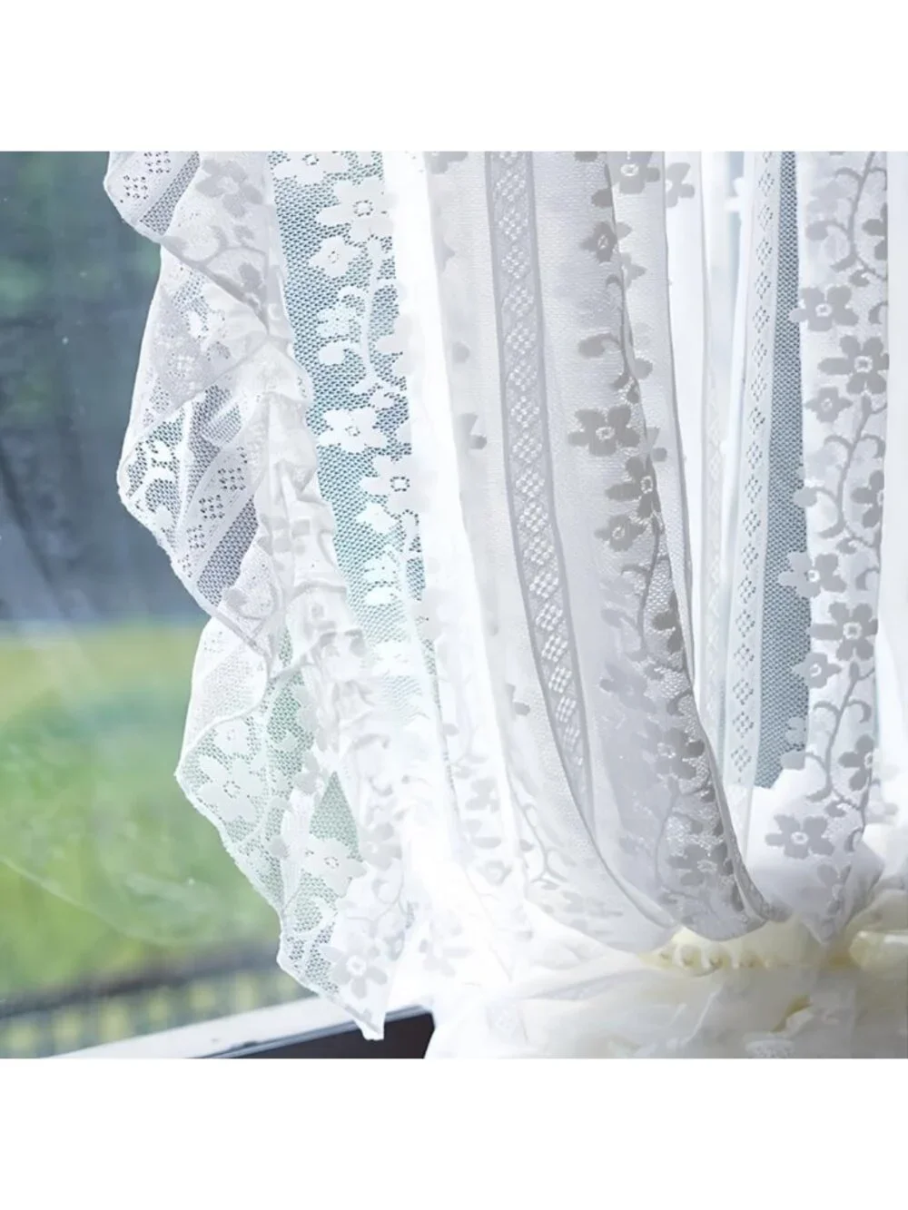 White Lace Curtain with Ruffles - Floral Knitted Design for Girls' Bedroom Decor
